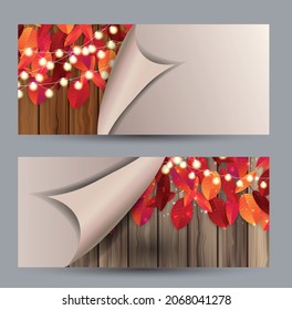 Autumn banners set with red and orange leaves. Fall season. Free empty space for text. Advertisement promo. Realistic vector illustration.