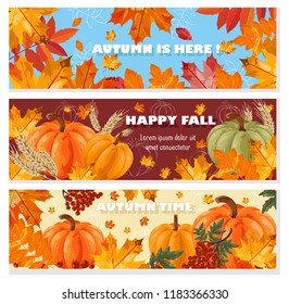 Autumn banners set Vector. Fall leaves and pumpkin cards illustration