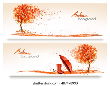 Autumn banners with trees and umbrella and rain boots. Vector.