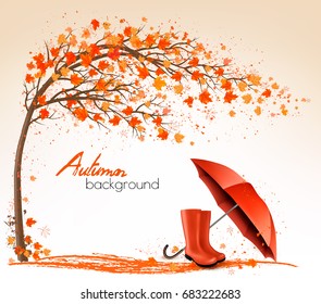 Autumn banners with trees and umbrella and rain boots. Vector.