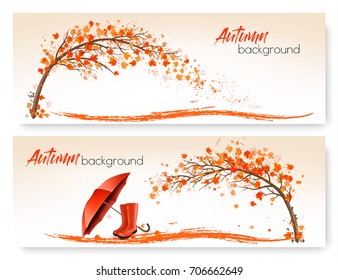 Autumn banners with trees and umbrella and rain boots. Vector.