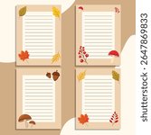 Autumn banners with writing lines, each decorated with autumn elements on a beige background. Autumn leaves, mountain ash, mushrooms, acorns.