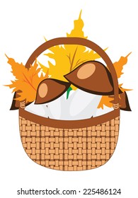 Autumn basket with mushrooms and maple leaves.