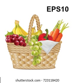 Autumn basket with, grapes, a branch of bananas, pears, peppers, carrot, napkin on white. Vector illustration