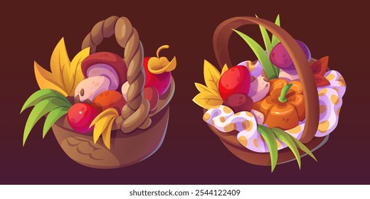 Herbstkörbe einzeln auf braunem Hintergrund. Vektorkarikatur, Illustration von Weidenkästen mit Obst- und Gemüseernte, Kürbis, Pilzen und Äpfeln, gelben Blättern, Thanksgiving-Symbol