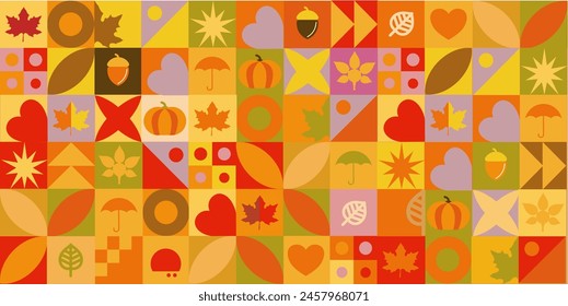 Herbst Bauhaus Hintergrund, Herbst Muster. Bauhaus-Muster mit Herbst- und Erntedankernte	