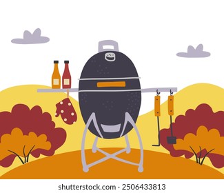 Escena de fiesta de barbacoa de otoño. Parrilla eléctrica con barbacoa. Ilustración dibujada a mano en estilo plano