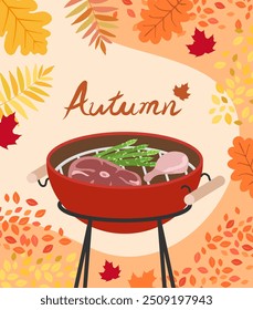 Autumn BBQ party scene. Thanksgiving greeting card template with autumn elements, social media stories wallpapers with autumn leaves and flowers.