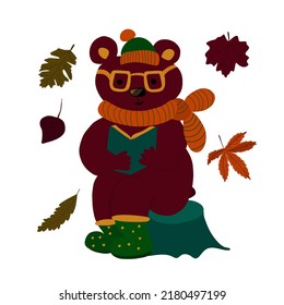 Oso otoñal con anteojos leyendo libro. Ilustración del vector Doodle