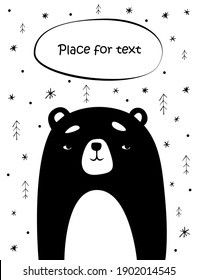 Autumn bear with snowflakes and trees on white background in cartoon style. Childrens minimalist illustration in black and white colors. Vector illustration with empty space for text and design.
