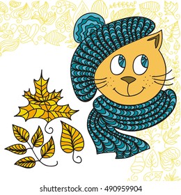 Autumn. Beautiful cat and leaves. Vector illustration.
