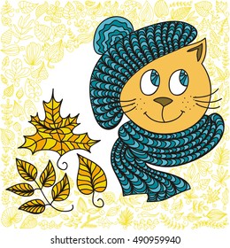 Autumn. Beautiful cat and leaves. Vector illustration.