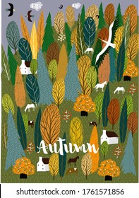 Autumn. Beautiful vector autumn landscape with trees, screeches, houses, birds for poster, banner, print, design, illustration, book.