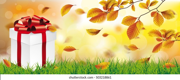 Autumn beech foliage with gift carton, sunlights and bokeh background.  Eps 10 vector file.