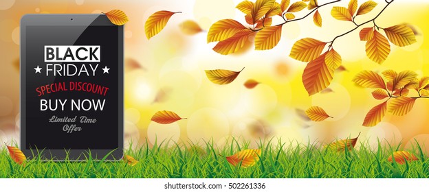 Autumn beech foliage with tablet, sunlights and bokeh background for black friday.  Eps 10 vector file.