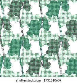 Autumn beech tree silhouettes. Abstract decorative seamless vector pattern on irregular polka dot background. Great for nursery wallpapers, interior decoration and textile prints. 