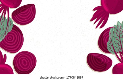 Autumn beet border vector cartoon illustration. Violet beetroot horizontal banner or frame for farm market design. Vegetable background.