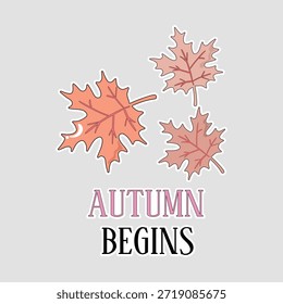 Comienza el otoño icono de hojas de arce. Etiqueta engomada estacional del Vector con las hojas naranjas que caen y el texto rosado-negro, ideal para los carteles de la estación del otoño, los cambios de la naturaleza, o los gráficos de la cosecha