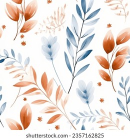 Autumn Beige French Grey Brown Aqua Terra Colorful Leaf Fern Flower Garden Abstract Watercolor Scandinavian Design Seamless Pattern Wallpaper Curtain Bedding Background Vector