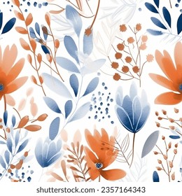 Autumn Beige French Grey Brown Aqua Terra Blue Colorful Leaf Fern Flower Garden Abstract Watercolor Scandinavian Design Seamless Pattern Wallpaper Curtain Bedding Background Vector Imagem Vetorial Stock