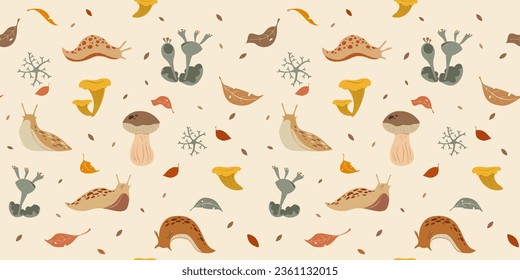 Autumn beige pattern with lichens, slugs, mushrooms and leaves. Vector illustration.