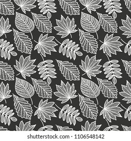 Autumn beige seamless stylized leaf pattern. Vector illustration black and white line leaves.