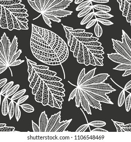 Autumn beige seamless stylized leaf pattern. Vector illustration black and white line leaves.
