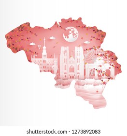 Autumn in Belgium with map concept and falling maple leave in autumn season for travel postcard, poster, tour advertising of world famous landmarks in paper cut style. Vector illustration.