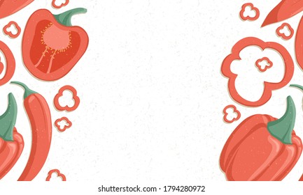 Autumn bell peppers border vector cartoon illustration. Red mexican chili peppers horizontal banner or frame for farm market design. Vegetable background.