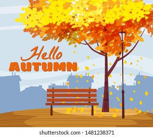 Autumn bench branches of falling leaves foliage in park romantic mood. Isolated illustration vector