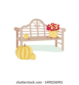 Autumn bench with the flowerpot and pumpkins