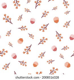 Autumn Berries and Acorns Seamless Pattern Background