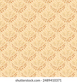 Autumn berries branch seamless pattern. Fall forest scallop repeat background. Vector hand drawn flat illustration.