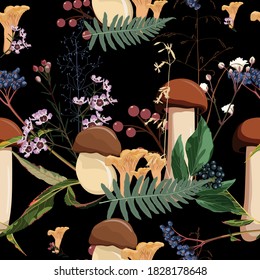 Autumn berries, herbs, fern and mushrooms seamless pattern. Black background.