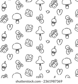 Autumn berries and mushrooms doodle pattern, on transparent background, seamless vector pattern, waiting for packaging and textile design