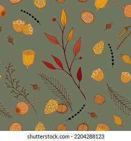 Autumn berries seamless pattern on pale green background. Hand drawn vector illustration