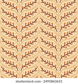 Autumn berries twigs seamless pattern. Braided brunches repeat background. Vector hand drawn flat illustration.