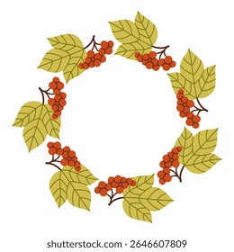 Autumn berry circle frame. Round border made of fall berries. The berries have different shapes and are arranged in a circle. Vector flat isolated on white background.