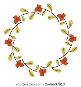 Autumn berry circle frame. Round border made of fall berries. The berries have different shapes and are arranged in a circle. Vector flat isolated on white background.