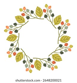 Moldura de círculo de amora de outono. Borda redonda feita de bagas de queda. As bagas têm formas diferentes e estão dispostas em círculo. Vetor plano isolado em fundo branco.