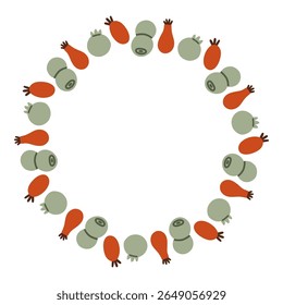 Autumn berry circle frame. Round border made of fall berries. The berries have different shapes and are arranged in a circle. Vector flat isolated on white background.
