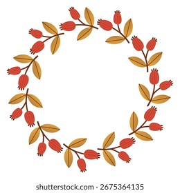 Autumn berry circle frame. Round border made of fall berries. The berries have different shapes and are arranged in a circle. Vector flat isolated on white background.