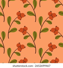 Autumn berry seamless pattern. Fall isolated berries on orange pink background. Square repeat pattern flat design for fall season.