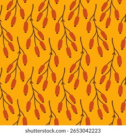 Patrón sin fisuras de la baya del otoño. Caída de bayas aisladas sobre fondo amarillo. Diseño plano de patrón de repetición cuadrado para la temporada de otoño.