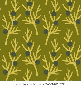 Autumn berry seamless pattern. Fall isolated berries on dark green background. Square repeat pattern flat design for fall season.