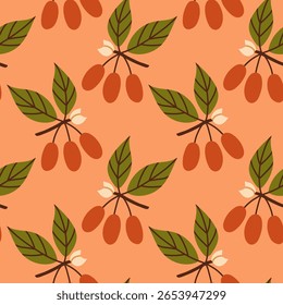 Autumn berry seamless pattern. Fall isolated berries on orange pink background. Square repeat pattern flat design for fall season.