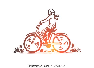 Autumn, bicycle, fall, park, ride concept. Hand drawn person cycling on bike concept sketch. Isolated vector illustration.