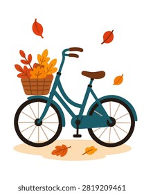 Autumn bicycle illustration with basket falling leaves and cozy seasonal ride style for poster sticker card and outdoor fall lifestyle design