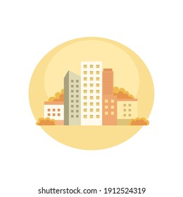 Autumn in the big city. Picture from the series about the seasons. Color vector illustration for designs of brochures, banners, websites and others.
