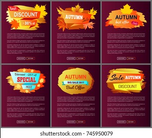 Autumn big sale 2017 best offer special price discounts on fall collection web banners with buttons read and buy now vector set of posters with leaves